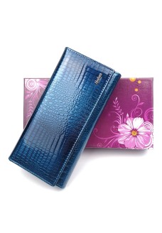 Женский кожаный лаковый кошелек на кнопке HENGHUANG HH-AE150-BLUE синий